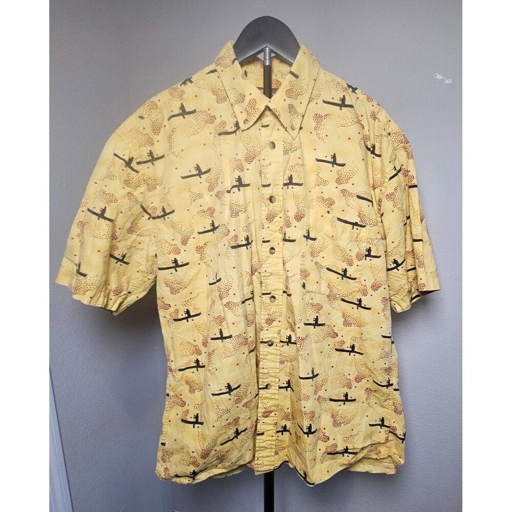 Bob Timberlake Shirt Mens Lg Yellow Canoe Print Button Down S/S Vintage